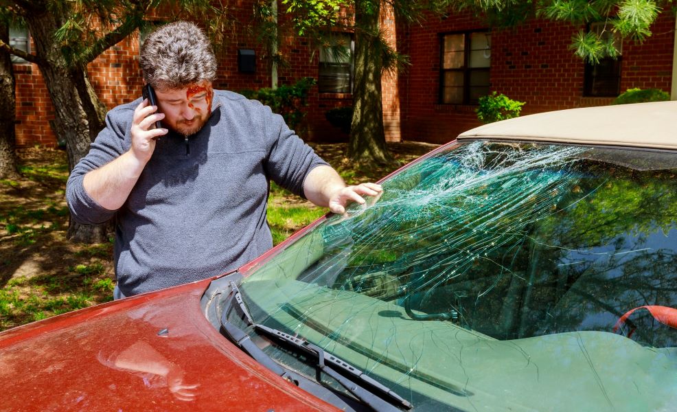 a man with a bloody face talking on a cell phone while standing next to a car with a cracked windshield